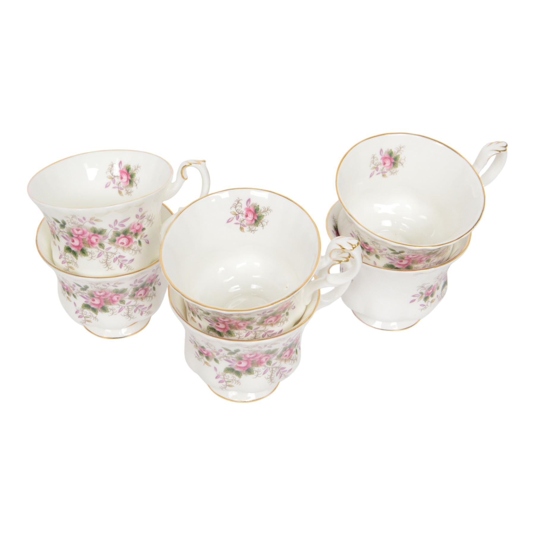 Royal Albert Lavender Rose pattern tea service for six including teapot, jug, open sucrier, teacups and saucers, side plates, dinner plates etc  