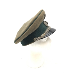  German Wermacht Technical Services cap with embroidered badges, black peak green band and piping, L22cm  