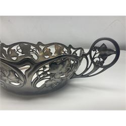 WMF twin handled dish and liner, pierced with vine leaves and vines, with clear glass liner, impressed mark beneath, D20cm 