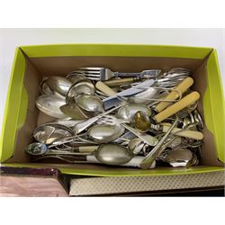 Collection of silver-plated cutlery including cased set of six EPNS cake forks, Royal Crown Derby pie server, sugar tongs, ladles, etc