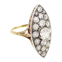 19th century 18ct gold and silver diamond marquise shaped cluster ring, the principal old cut cushion cut diamond of 1.15 carat, in a six claw setting, with pave set old cut diamond surround of 3.28 carat, pierced scroll design gallery and fleur-de-lis shoulders, French (Paris) import mark, total diamond weight 4.43 carat, with IGI report