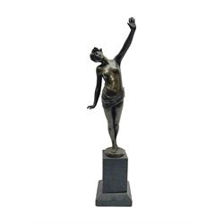 Bronzed semi nude female figure with one hand raised, upon a marble plinth, H43cm  