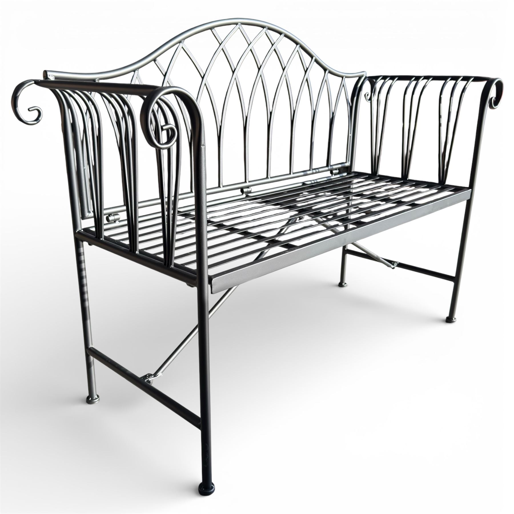 Black powder coated metal bench in a Victorian style