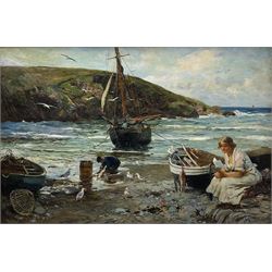 John Robertson Reid (Scottish 1851-1926): Girl on the Seashore Reading a Letter, oil on canvas signed and dated 1915, 60cm x 91cm