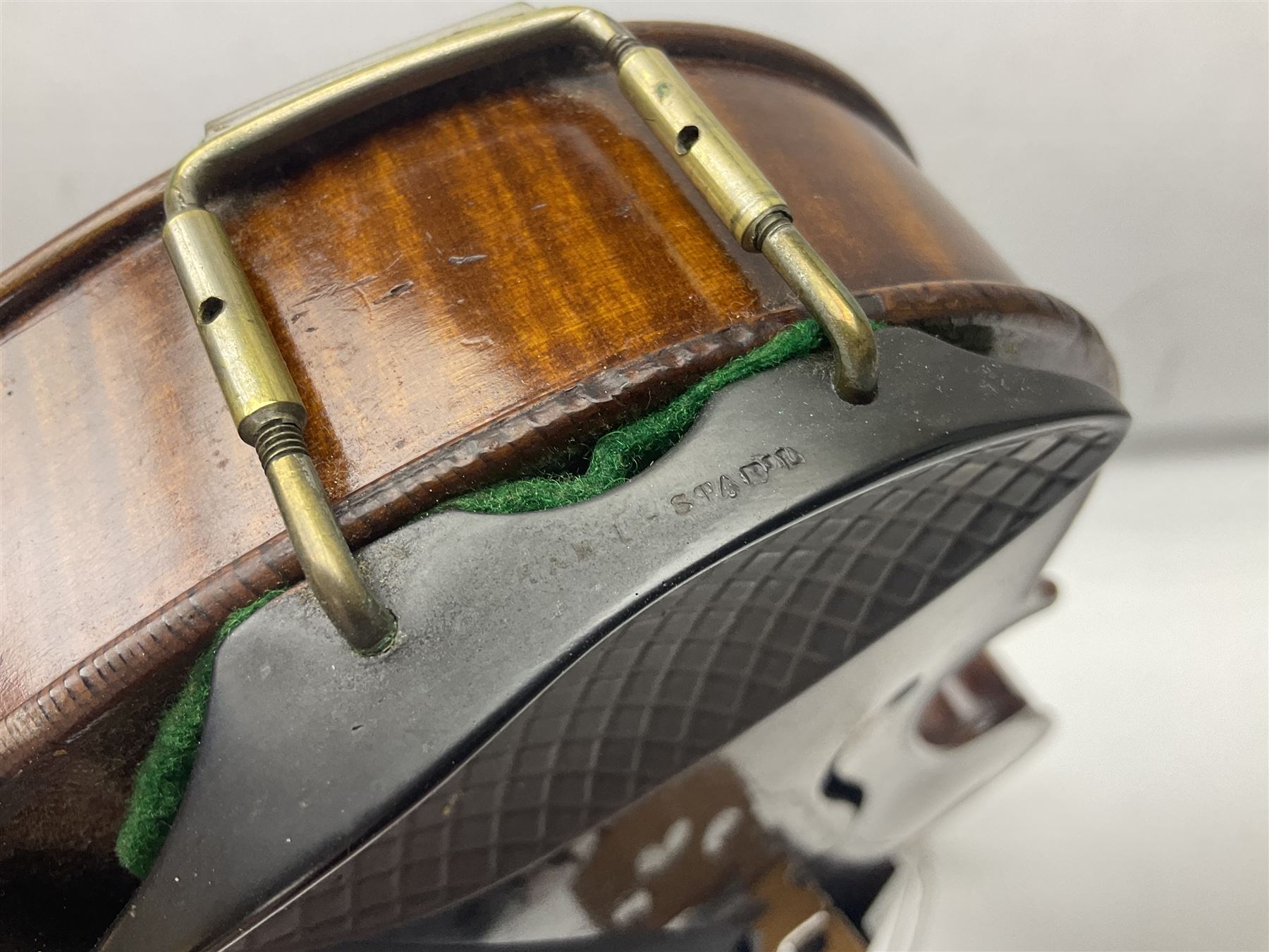 German trade violin c1900 with 35.5cm two-piece maple back and spruce top; bears label 'Made in Germany Apollo Class 6 No.2132' L59cm; in carrying case with two bows