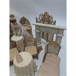 Dolls house bathroom and bedroom furniture, including bed, wardrobe, dresser filled with toiletries, shower, five figures, etc 