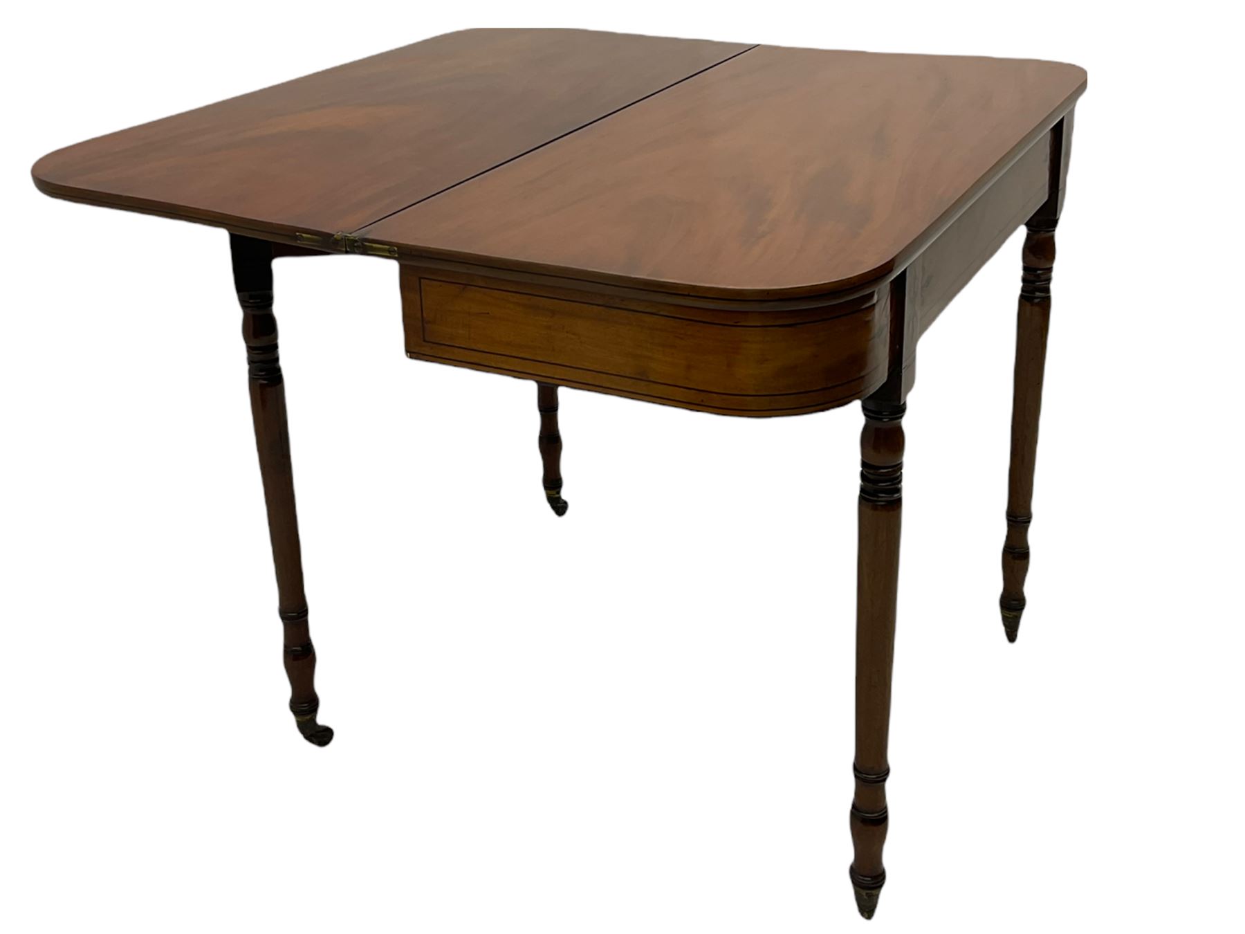 Early 19th century inlaid mahogany D-shaped tea table, fold-over top