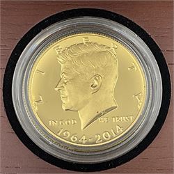 United States of America 2014 '50th Anniversary Kennedy half-dollar' gold proof coin, weighing 0.75 troy ounces of fine gold, cased with certificate