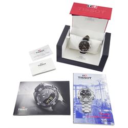 Tissot Traditional gentleman's stainless steel chronograph quartz wristwatch, Ref. T063617A, black dial with dagger hour markers and date aperture, on black leather strap with stainless steel fold-over clasp, boxed with warranty card dated 2016