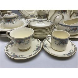 Royal Doulton Romance Collection Juliet pattern tea and dinner service for six, to include dinner plates, lidded tureen, teapot, teapots, saucers, jugs, sauce boat and stand, cake plate, coffee cans and saucers, soup bowls etc, including spares