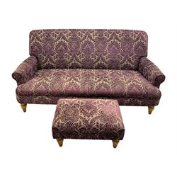 Multi-York - contemporary two-seat sofa, upholstered in damask fabric in shades of burgundy and beige, raised on turned and fluted supports; complete with matching footstool