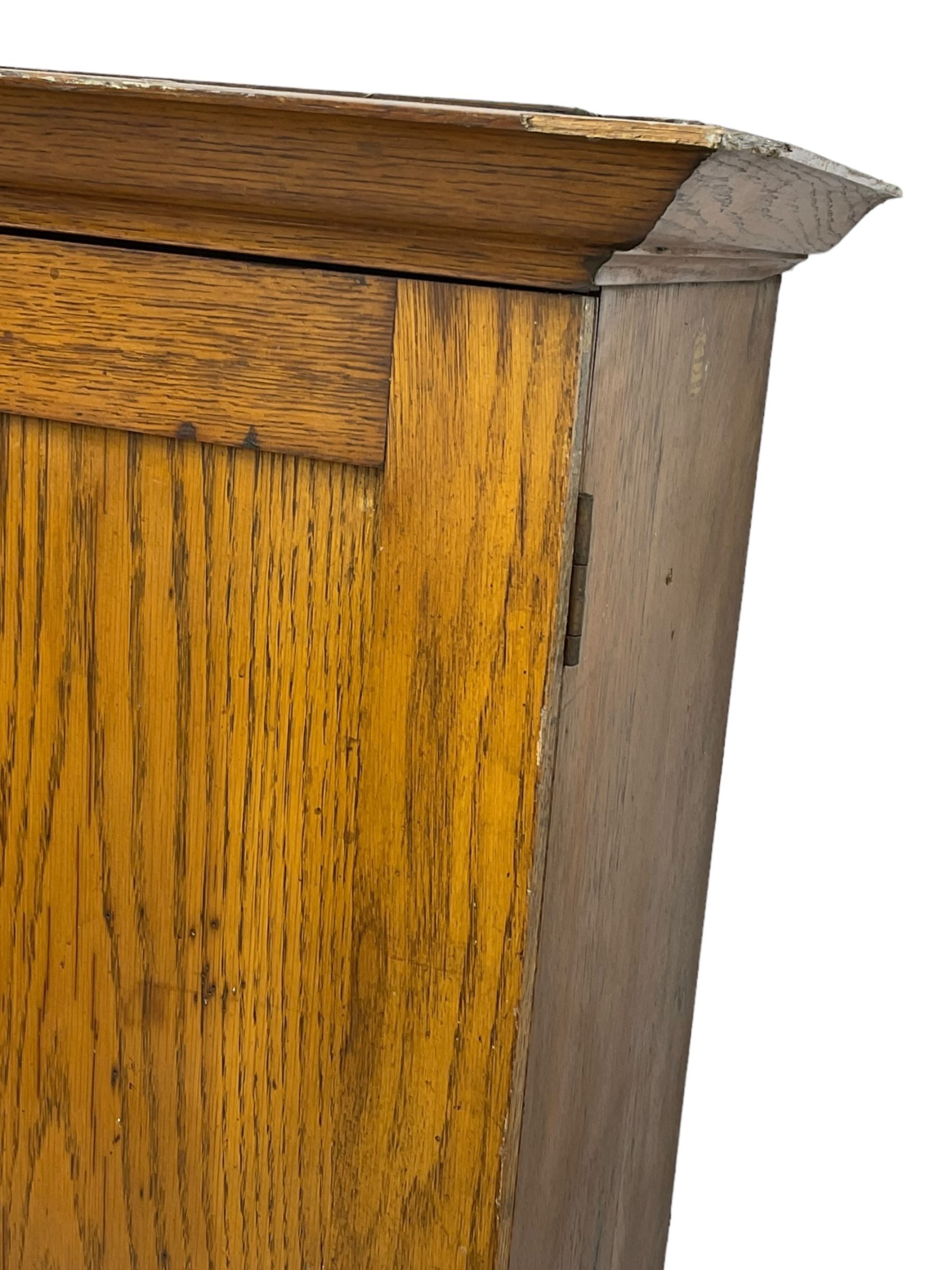 The North of England School Furnishing Company Limited Darlington - early 20th century oak school cupboard, projecting moulded cornice over two panelled doors, fitted with shelves, on chamfered plinth base 