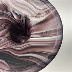 Daum glass two stemmed candle stick signed to verso, together with a pair of slag glass purple candle sticks, Daum H21cm