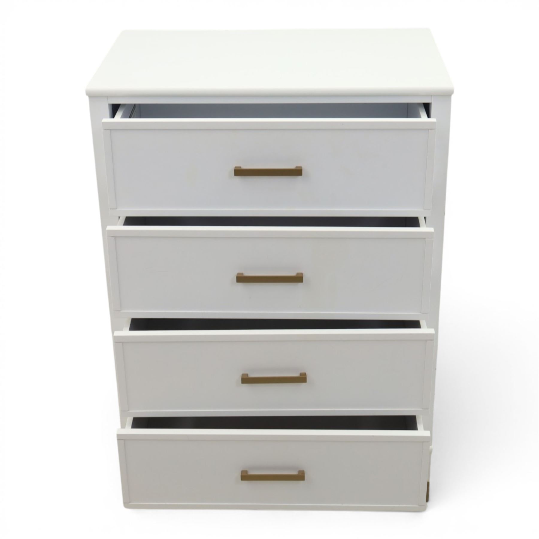 Dorel Home - Modern chest of drawer, white painted rectangular top above, four drawers with bronze metal handles, on tapered supports 