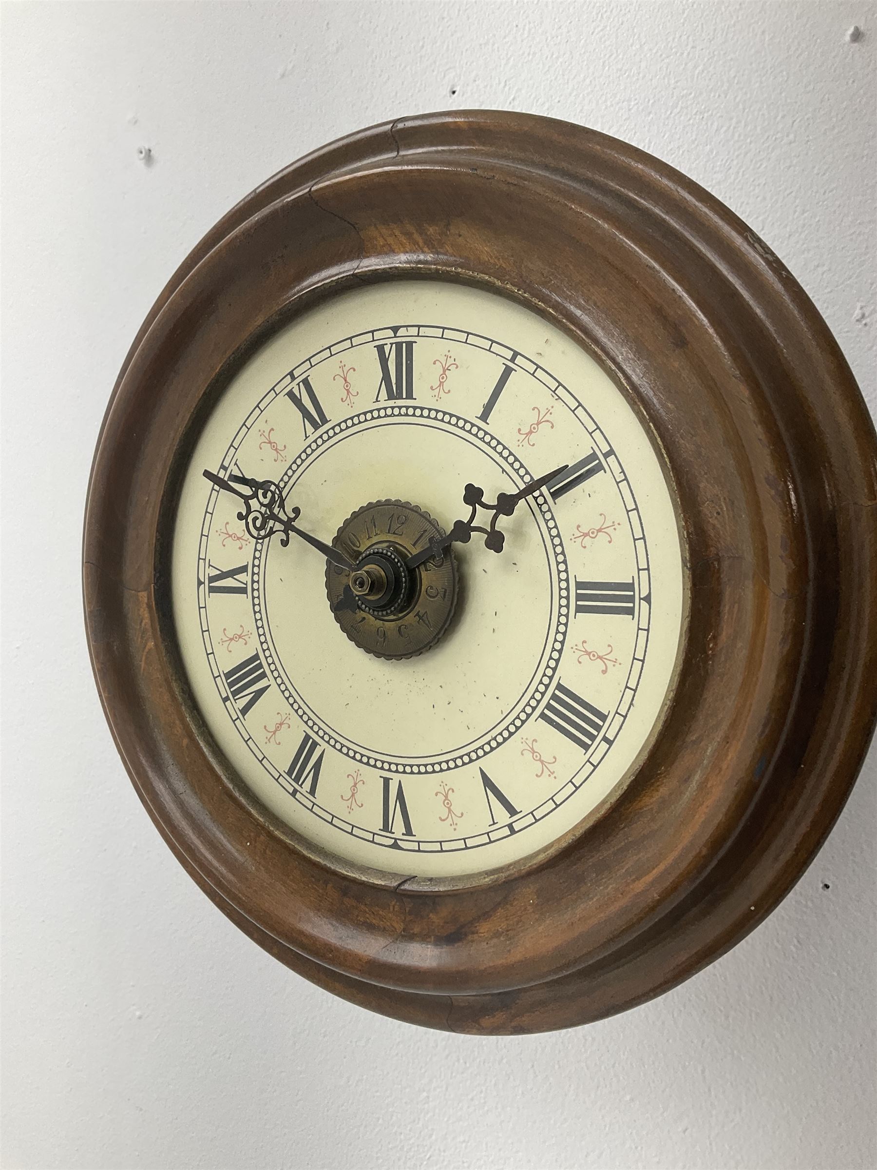 Early 20th century 'Postman's' alarm wall hanging clock, circular Roman