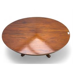 Victorian mahogany breakfast loo table, oval tilt-top on turned pedestal, quatrefoil out-splayed carved supports, scroll carved terminals with brass castors