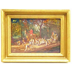  Geoffrey Mortimer (British 1896-1986): Riding to Hounds through Woodland, oil on panel signed 21cm x 29cm   DDS - Artist's resale rights may apply to this lot    