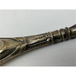 Set of six silver handled butter knives, and a silver handled shoehorn, all hallmarked, but hallmarks worn and indistinct