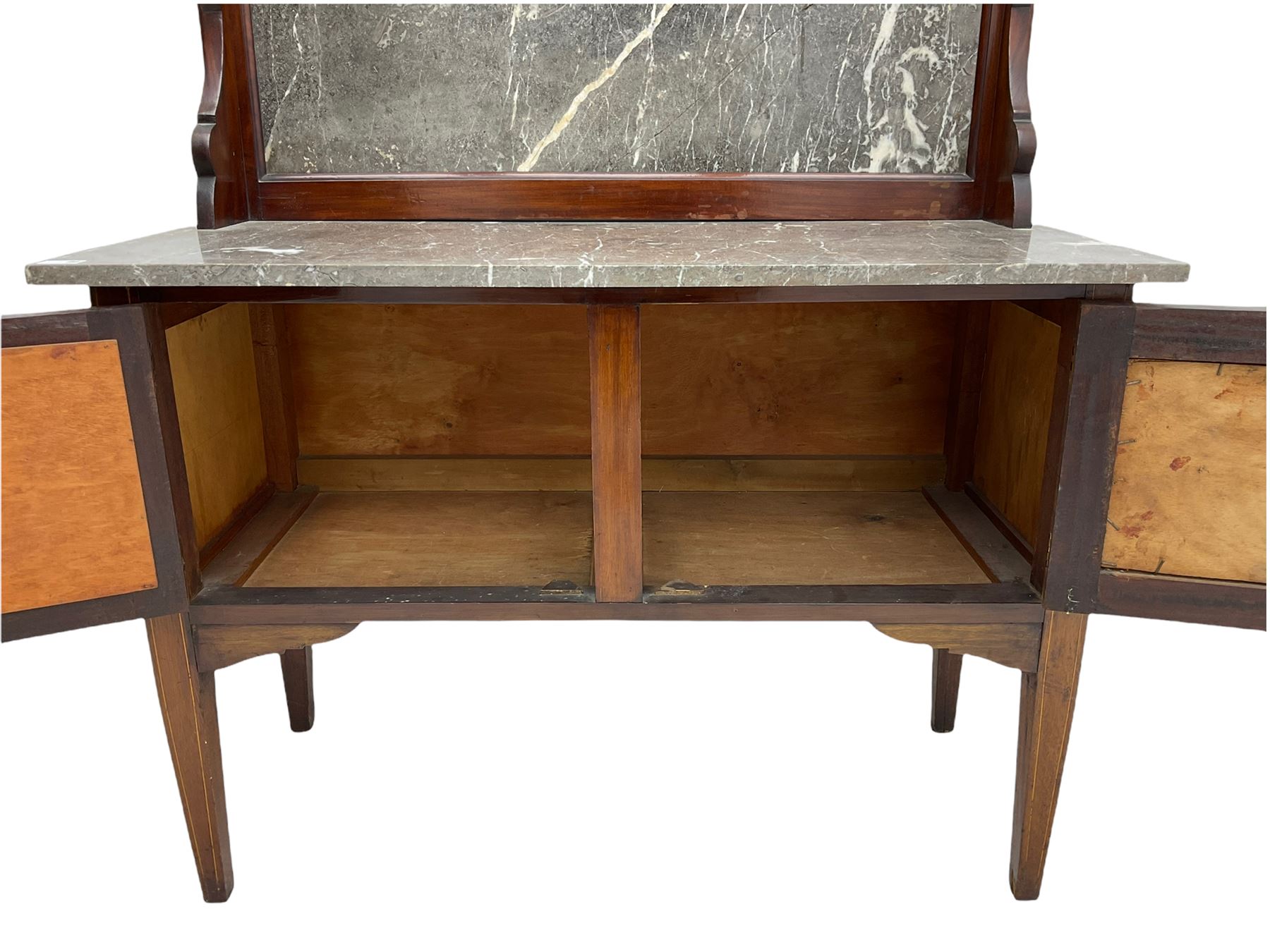 Edwardian inlaid mahogany washstand, raised grey and white marble back and top, fitted with double cupboard, square tapering supports
