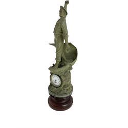 Edwardian - Large figural clock with a Verdigris finish mounted on a mahogany plinth, detailed depiction of a fisherman in a sailing boat entitled 