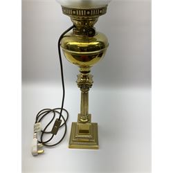 Brass oil lamp, the square stepped base leading to a Corinthian column supporting a brass reservoir, burner, clear glass chimney and foliate etched shade, overall H71.5cm
