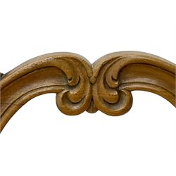 Pair of Victorian walnut side chairs, shaped cresting rail carved with acanthus leaves, overstuffed upholstered seats with stud band, on cabriole supports with scroll carved terminals