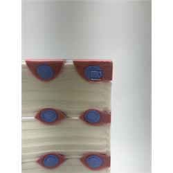 Zdenek Lhotsky glass platter, decorated with geometric motifs in pink and blue upon a white ground, L26cm, with certificate and box.