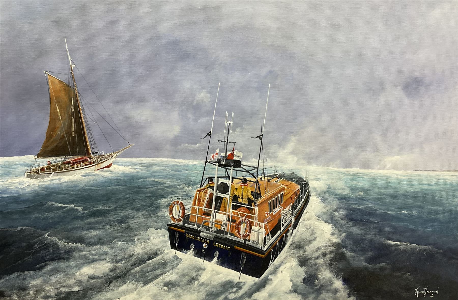 Adrian Thompson (British 1960-): Bridlington Lifeboat 'Marine Engineer' assisting the Yacht 'Lobo', 11th July 2000, oil on canvas signed, titled on the mount 60cm x 90cm