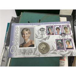 Great British and World stamps in seven albums/folders and loose including FDCs, small number of presentation packs, Wedgwood three pounds book of stamps, coin cover containing 1999 Princess Diana five pound coin etc, in one box