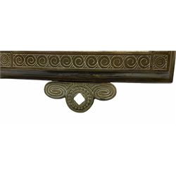 Victorian mirror, the rectangular bevelled glass plate within a bronze frame surmounted by a flaming urn representing undying memory, with Victorian registration lozenge verso, H65cm L29.5cm