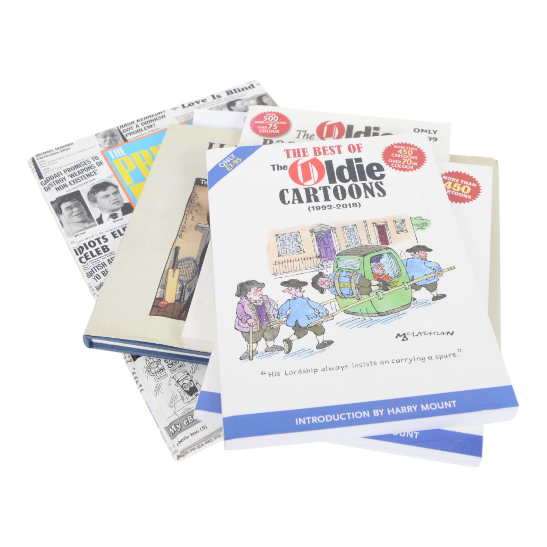 Collection of political humour and caricature books, including signed copy of Hard Times by Peter Brooke, Punch Cartoons on Colour, The Very Best of The Oldie Cartoons, etc