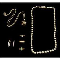 Single strand cultured pearl necklace, with 9ct gold diamond clasp and a collection of 9ct gold jewellery including pair of cubic zirconia hoop earrings, emerald and opal ring, single stone diamond ring and a Celtic design ring