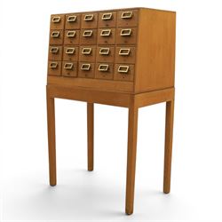 Mid-20th century card index bank of twenty drawers on stand