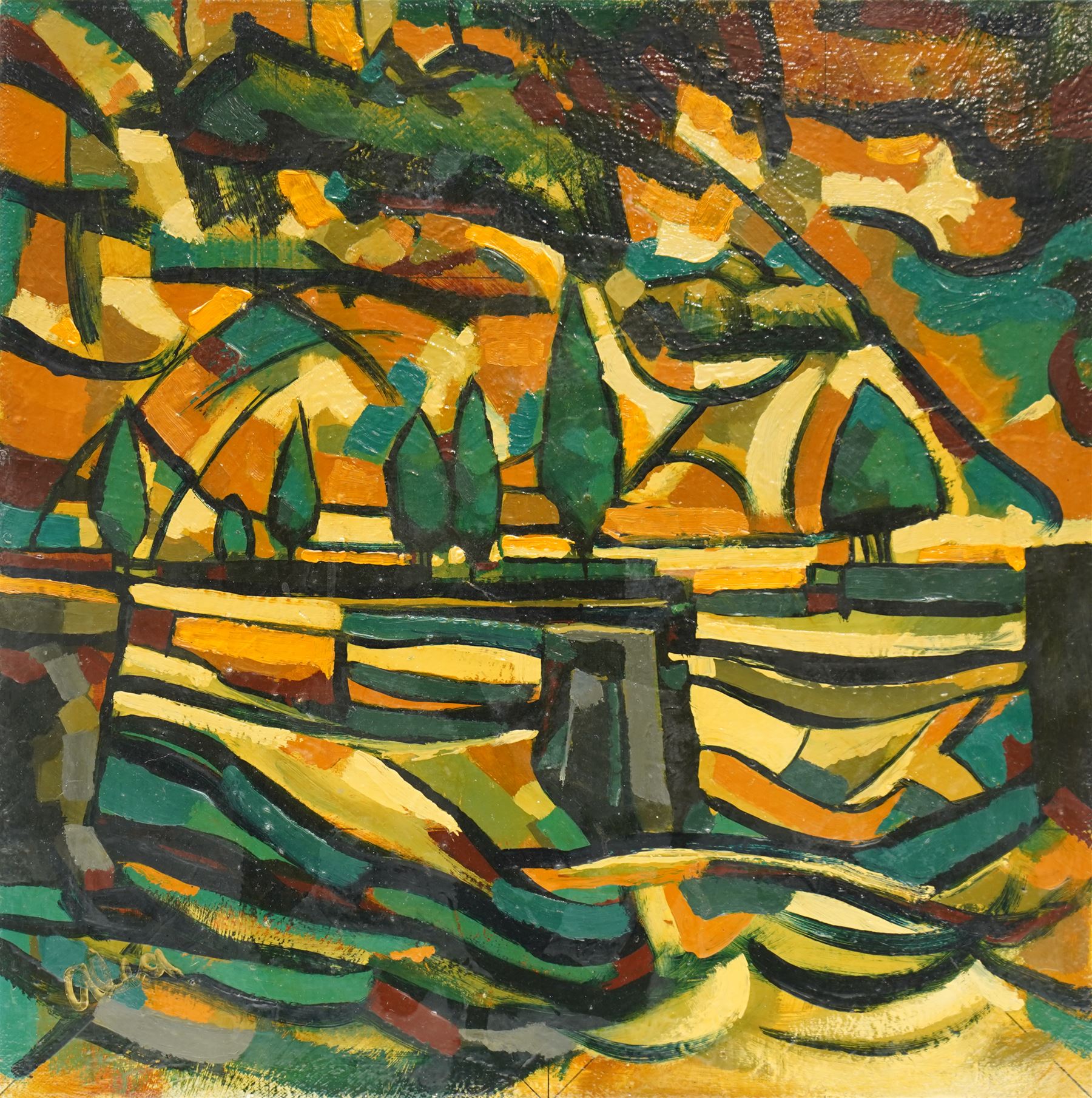 Jamie O'Dea (Scottish 1962-): Abstract Rural Landscape, oil on canvas signed 50cm x 50cm