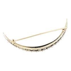 19th century silver and gold diamond crescent moon brooch, set with twenty-one graduating old cut diamonds and six rose cut diamonds, total diamond weight approx 2.00 carat