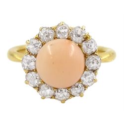 Early 20th century 22ct gold pink coral and old cut diamond cluster ring, hallmarked, total diamond weight approx 1.00 carat