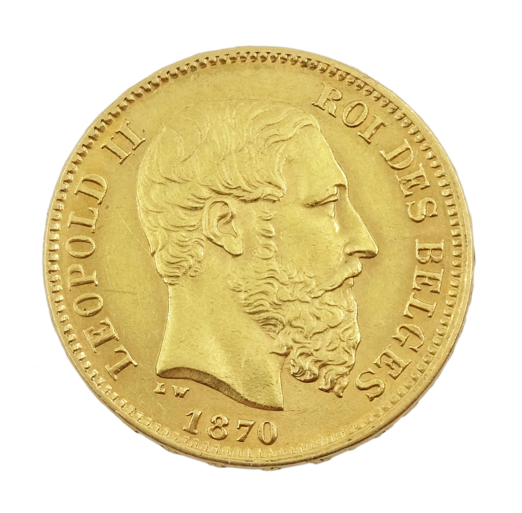 Belgium 1870 Leopold II 20 Franc gold coin
