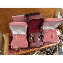 Silver earrings, including three boxed pairs, costume jewellery, compact mirrors and three jewellery boxes