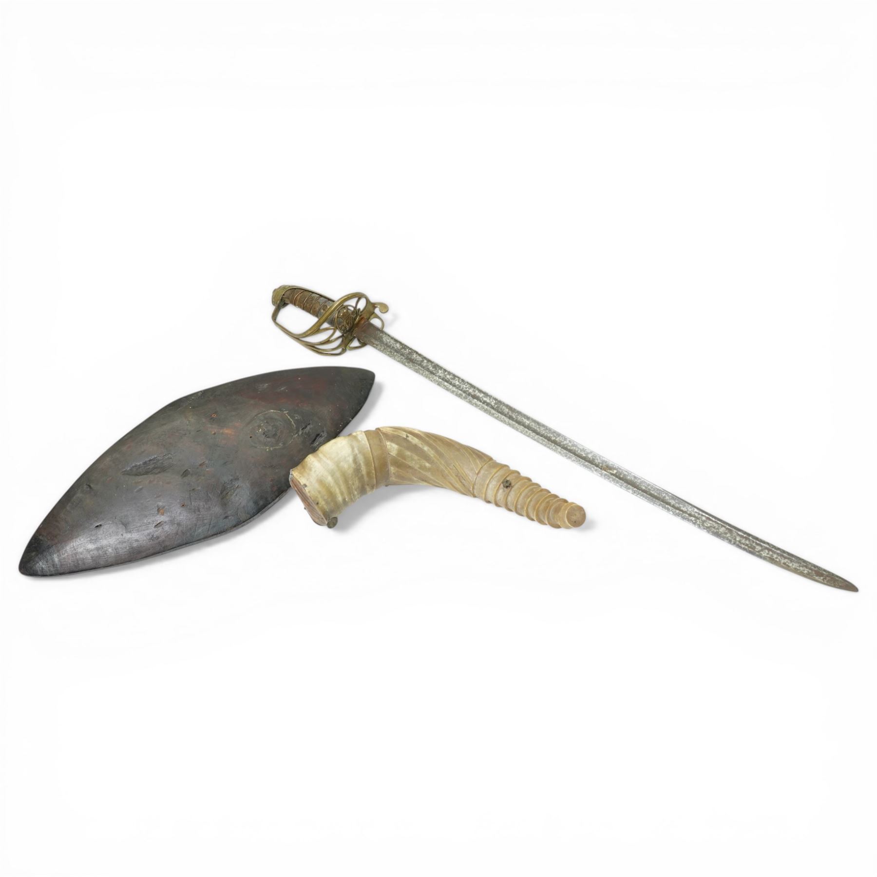 Small Aboriginal shield of navette shape L47cm, Indian powder horn and Victorian officers sword with wire wound shagreen grip and brass hilt, blade length 68cm (3)
