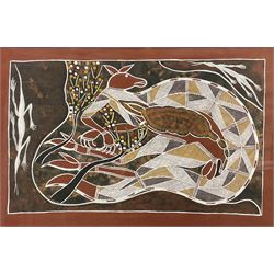 Abraham Dakgalawuy (Arnhem Land Australia 1975-): Aboriginal Abstract Kangaroo, gouache, with polaroid of the artist holding the work verso 35cm x 54cm
Notes: Abraham is the son of the eminent Aboriginal artist Lofty Bardayal Nadjamerrek (1926-2009)