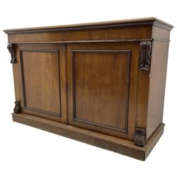 Early 19th century mahogany chiffonier sideboard, fitted with two frieze drawers over two panelled cupboards, flanked by foliate brackets, on skirted base