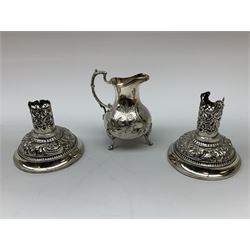 Pair of silver weighted candle lamps by William Comyns, London 1897, silver dressing table set, hallmarked various hat pins, two with gold finials stamped 9ct, some with silver finials including grenade, silver handled glove stretcher, ivory puzzle ball etc
