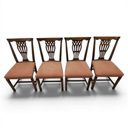 Set of eight George III dining chairs with padded seats, pierced vasiform splat, upholstered seat with brass trim, on square supports with H-stretcher