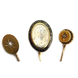  Georgian rose gold and enamel mourning stick pin 'Mary Pickard ob 28 Feb 1780 aged 71'  and diamond and pearl stick pins  