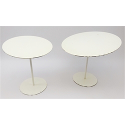  Two 1960s circular white finish cast metal stands, tilted top with slender stems and circular base, H37cm & H35cm (2)  