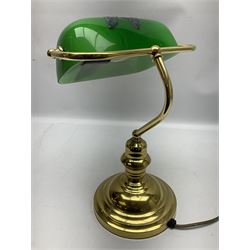 Brass bankers style table lamp with green glass shade and leaded dragonfly decoration, H36cm