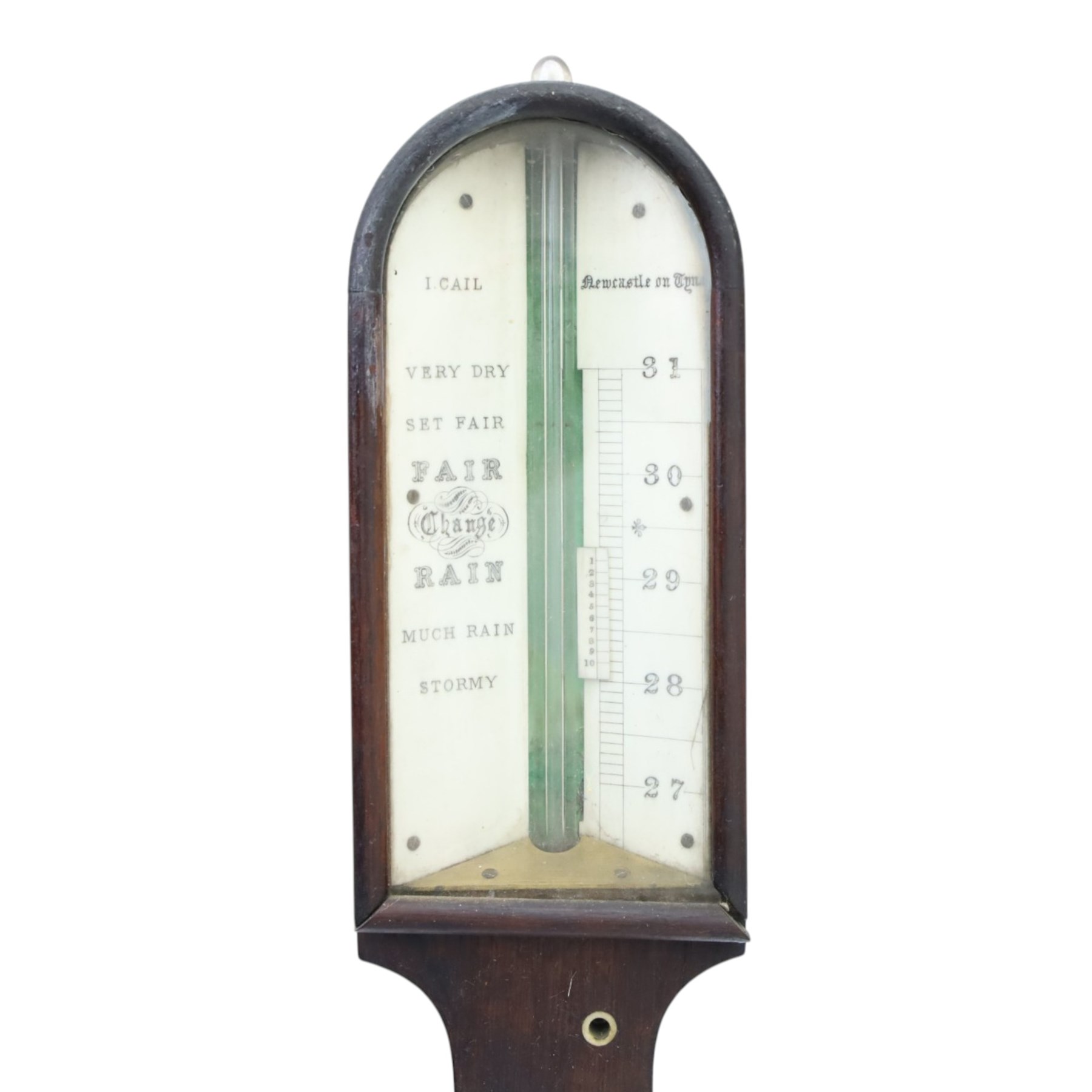 Victorian mahogany mercury stick barometer, the arched glazed register with weather indications and adjustable vernier, above a glazed thermometer and circular cistern cover, H 95cm