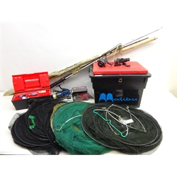  Collection of Coarse Fishing tackle including Daiwa, Mitchell & other reels, box seat, rods, Vintage & other keep nets etc  