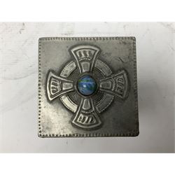 Arts & Crafts style pewter box with hinged lid embossed with a Celtic cross with a cabochon in the centre, together with two similar wooden boxes with pewter lids, tallest example H11cm