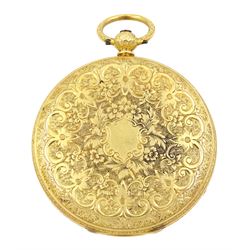 Victorian 18ct gold open face key wound lever pocket watch by Edward Bevan, Birkenhead, No. 4502, gilt dial with Roman numerals, case engraved with foliate decoration, makers mark C E, London 1874, in fitted silk and velvet lined case